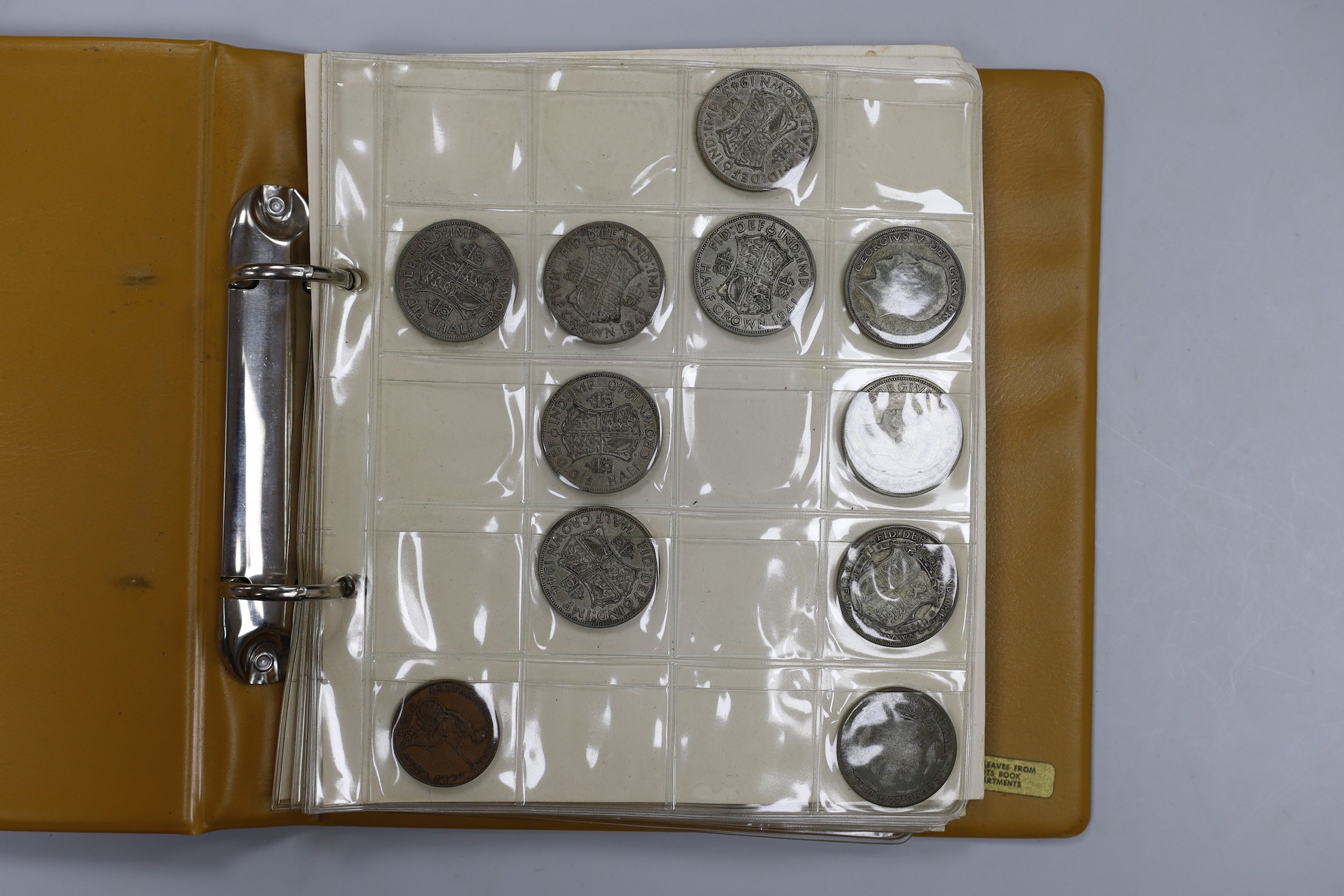 Two albums of UK coins, George III to George VI to include 1921 to 1946 halfcrowns, 1807 penny VF, 1805 Irish halfpenny AVF, a 'Revolution Jubilee 1788' medal etc